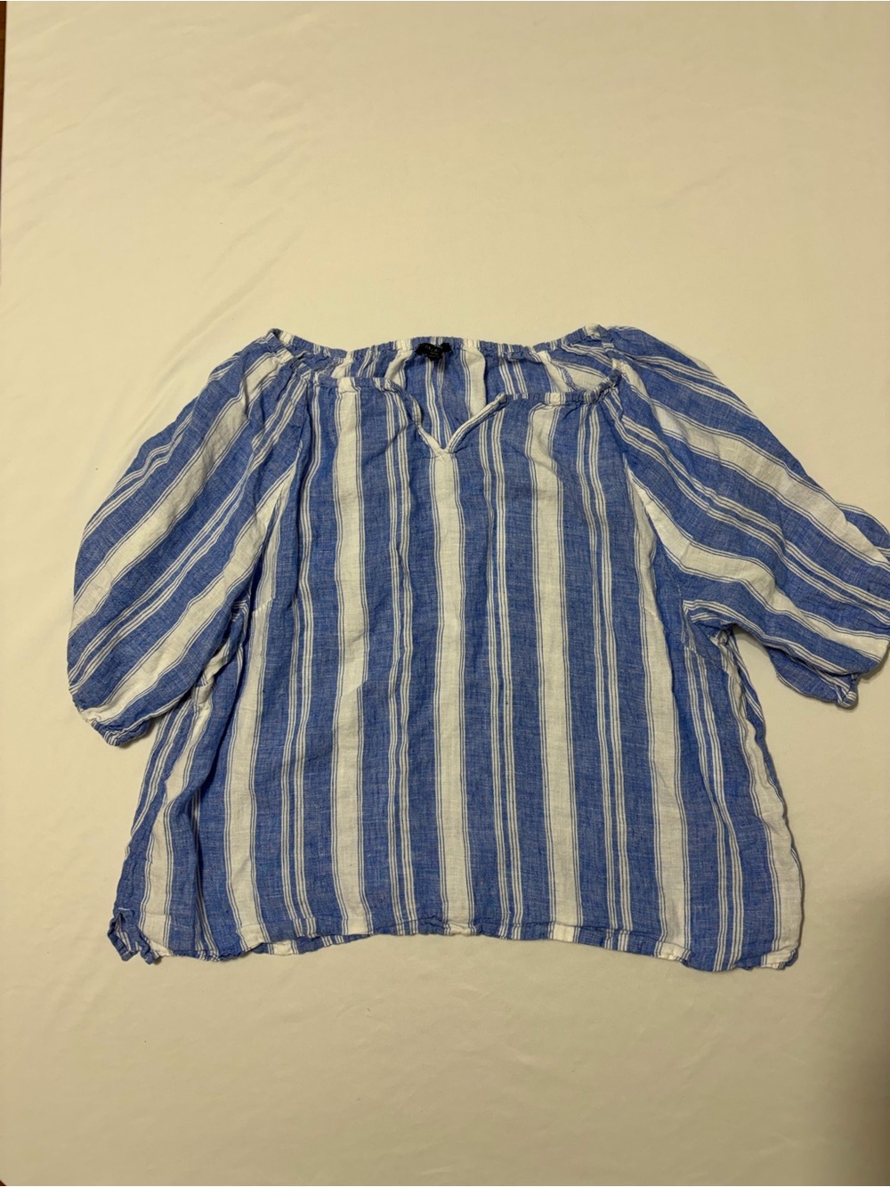 Talbots Petite 100% Linen Top XL Blue White Stripe Blouse Resortwear Nautical